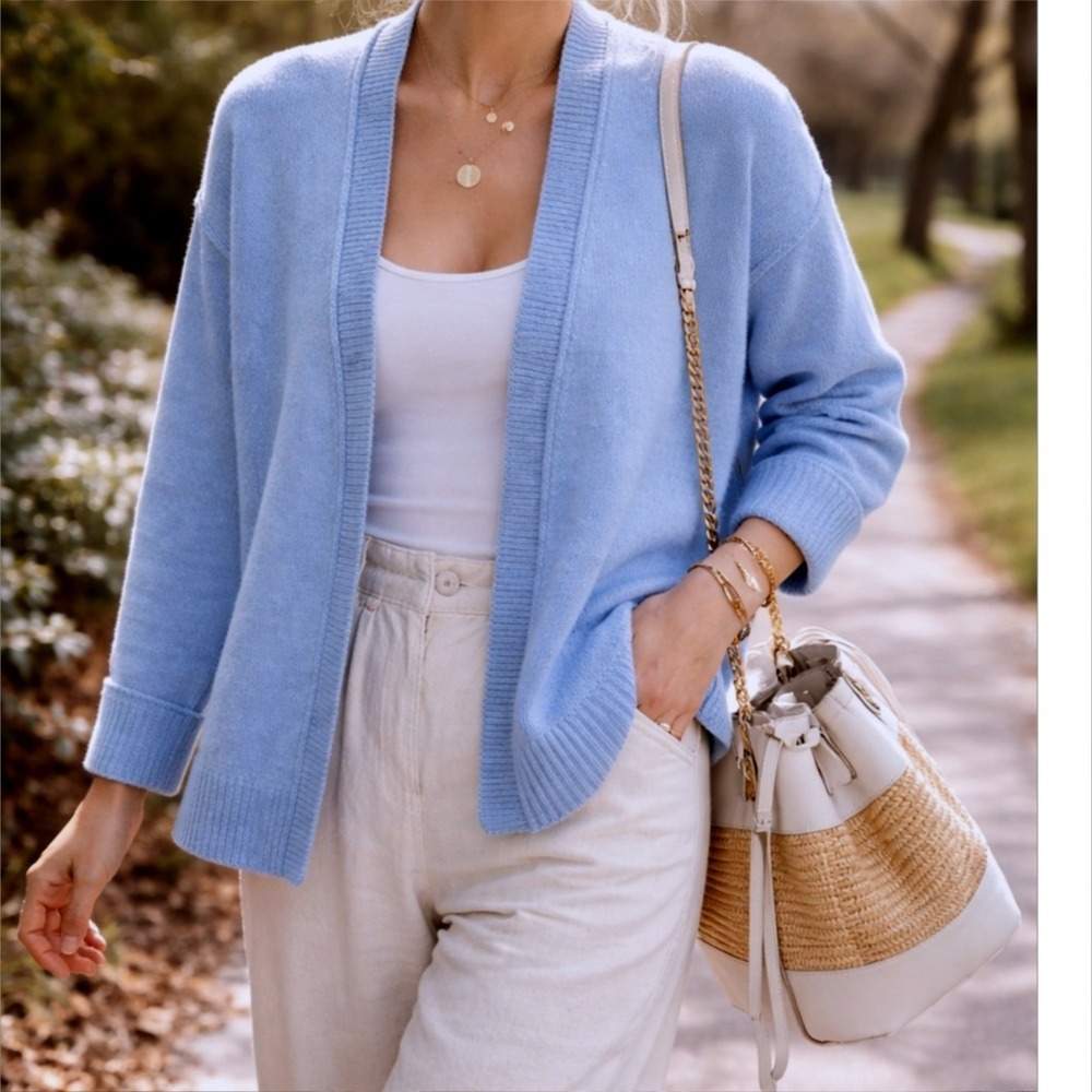 NWT Max Studio Cardigan Women Med Blue Open Front Knit Long Sleeve Soft Coastal